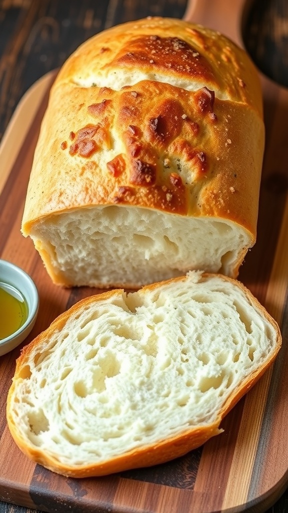 A loaf of no-yeast bread, sliced to show its fluffy texture, on a wooden board with olive oil.